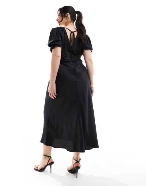 ASOS DESIGN Curve – Svart midilång tea-klänning i satin med broderi, 4 av 4