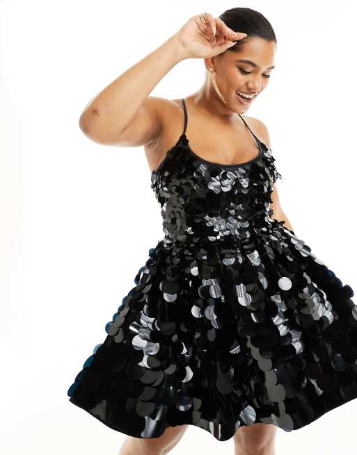 ASOS DESIGN Curve – Svart miniklänning för studentbalen med smala axelband och stora paljetter