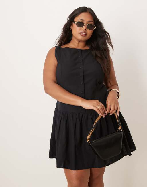 ASOS DESIGN Curve – Svart miniklänning med rak ringning, knäppning och sänkt midja, 2 av 4