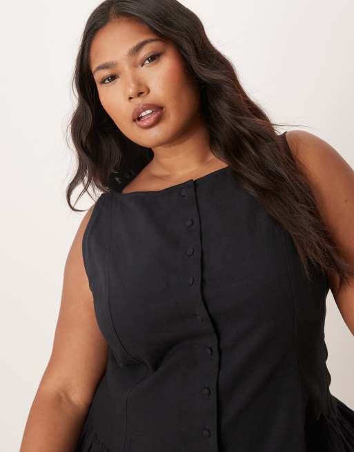 ASOS DESIGN Curve – Svart miniklänning med rak ringning, knäppning och sänkt midja, 3 av 4