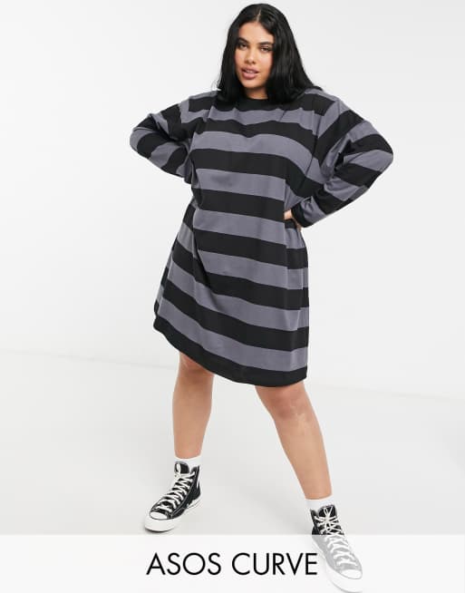 ASOS DESIGN Curve – Svart- och grårandig t-shirtklänning i oversize-modell med lång ärm