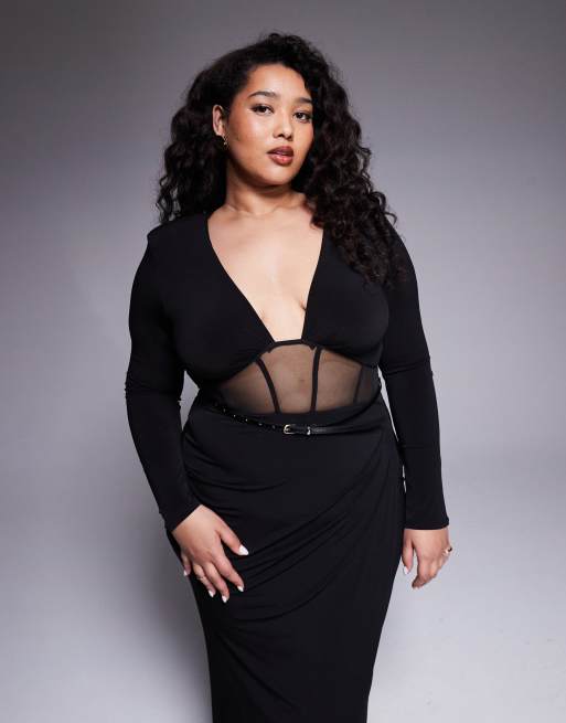 ASOS DESIGN Curve – Svart, panelsydd midiklänning i mesh med långa ärmar, 2 av 4