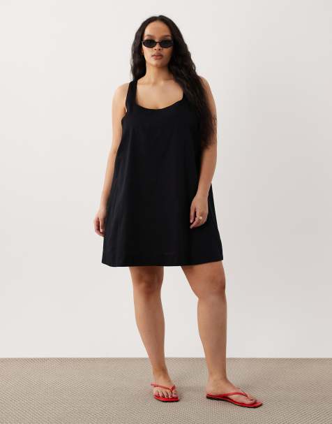 ASOS DESIGN Curve – Svart, ribbad miniklänning i shiftmodell med djup halsringning - view 1