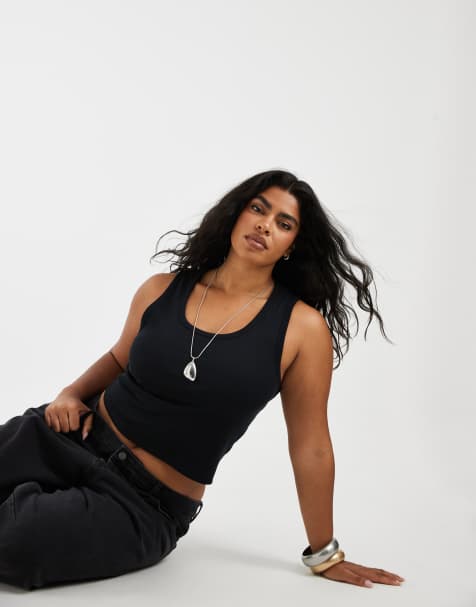 ASOS DESIGN Curve – Svart, ribbat linne med breda kantband och djup halsringning - view 1