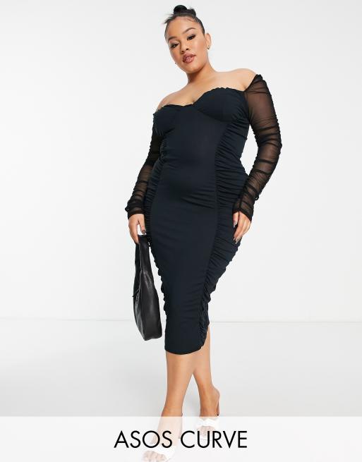 ASOS DESIGN Curve – Svart, rynkad midiklänning med ärmar i mesh 