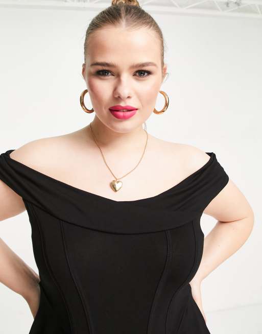 ASOS DESIGN Curve – Svart ryschad midiklänning med bardotringning och korsett, 3 av 4