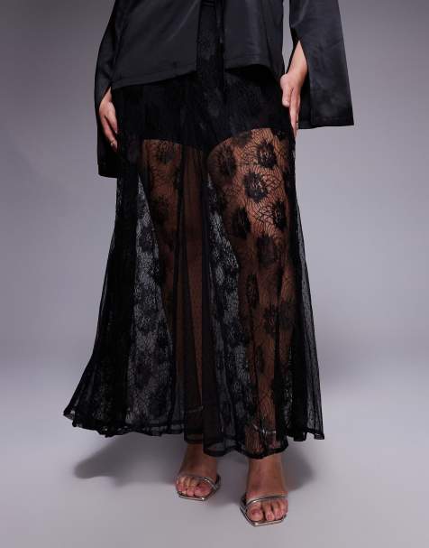 ASOS DESIGN Curve – Svart skir maxikjol med klockad kjol i spetsmix - view 1