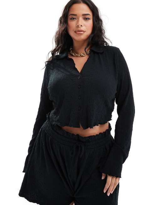 ASOS DESIGN Curve – Svart skjorta med utsvängda ärmar och struktur, del av set