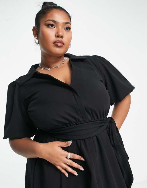 ASOS DESIGN Curve – Svart skjortklänning i midilängd med skärp, 3 av 4