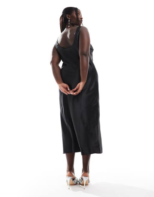 ASOS DESIGN Curve – Svart slipklänning av satin i midilängd med djup halsringning, 3 av 4