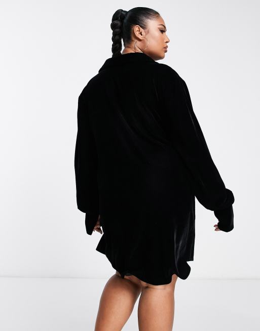 ASOS DESIGN Curve – Svart, slouchy skjortklänning i minilängd av sammet, 3 av 4