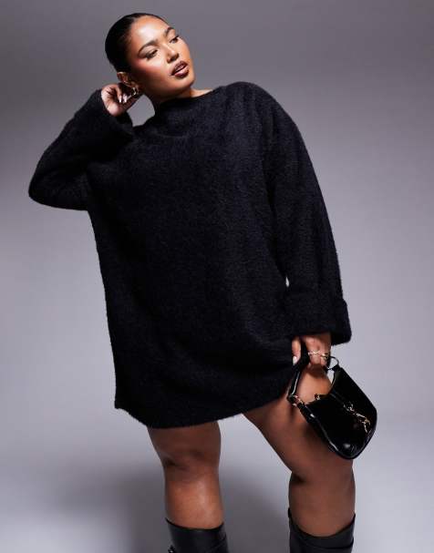 ASOS DESIGN Curve – Svart, slouchy, supermjuk tröjklänning i minilängd av fluffigt material - view 1