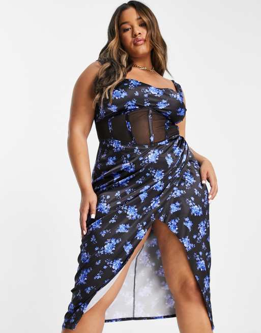ASOS DESIGN Curve – Svart småmönstrad midiklänning i mesh med korsett, 4 av 4