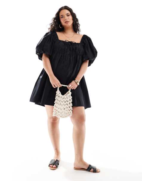 ASOS DESIGN Curve – Svart, smockad miniklänning med puffärmar - view 1