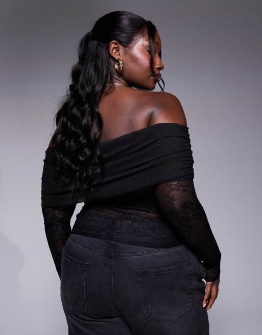 ASOS DESIGN Curve – Svart spetstopp i mesh med nedvikt bardotringning – Endast hos ASOS, 2 av 4