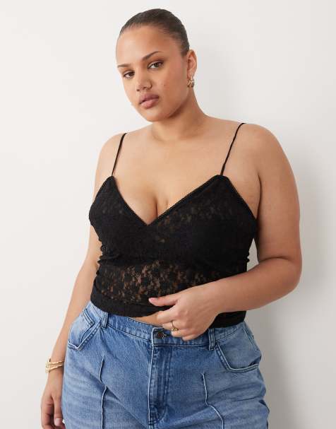 ASOS DESIGN Curve – Svart spetstopp med smala axelband - view 1