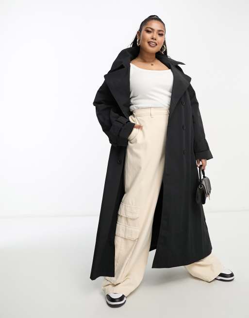 ASOS DESIGN Curve – Svart sportig trenchcoat med avtagbar huva