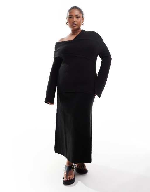 ASOS DESIGN Curve – Svart, stickad, asymmetrisk topp med bardotringning, 4 av 4