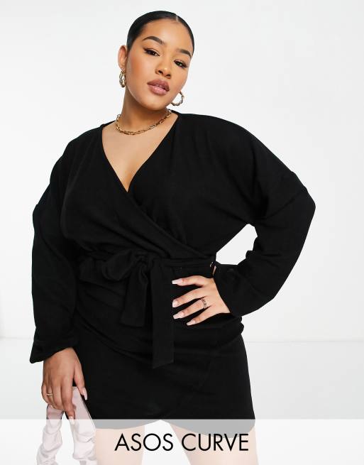 ASOS DESIGN Curve – Svart supermjuk miniklänning i omlottdesign med ballongärmar