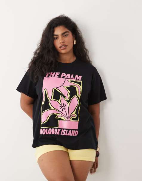 ASOS DESIGN Curve – Svart t-shirt med abstrakt palmkonsttryck - view 1