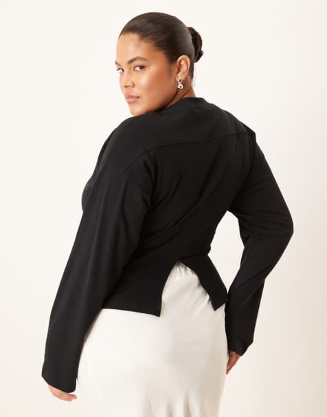 ASOS DESIGN Curve – Svart t-shirt med långa ärmar och korsettmidja - view 1