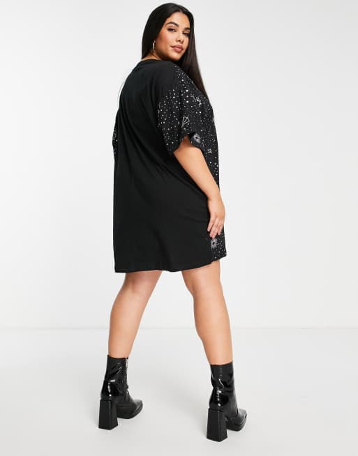 ASOS DESIGN Curve – Svart t-shirtklänning i oversize med silverfärgade paljetter, 4 av 4