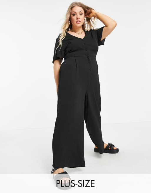 ASOS DESIGN Curve – Svart tea-jumpsuit i bubblig crêpe med culotte-byxor och korta ärmar