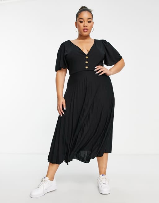 ASOS DESIGN Curve – Svart tea-klänning i midilängd med knappar och plisserad midja, 4 av 4