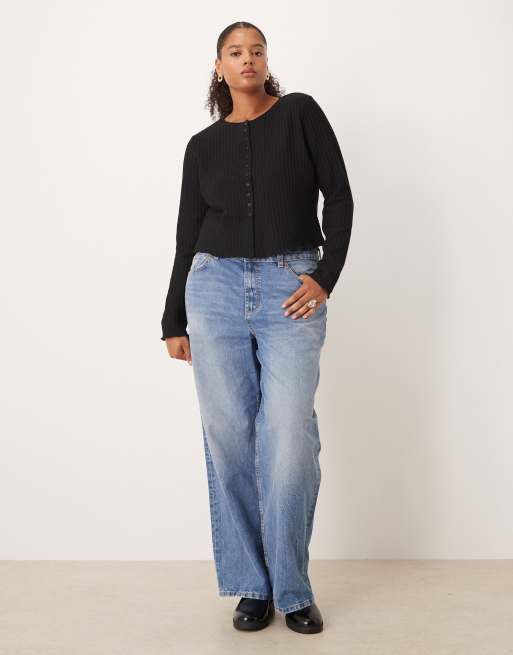 ASOS DESIGN Curve – Svart, texturerad topp med långa ärmar och knäppning, 3 av 4