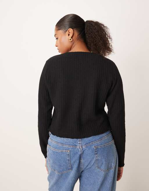 ASOS DESIGN Curve – Svart, texturerad topp med långa ärmar och knäppning, 4 av 4