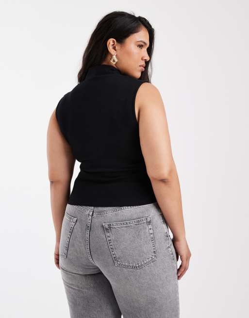 ASOS DESIGN Curve – Svart topp i kompakt bomull med djup halsringning, 4 av 4