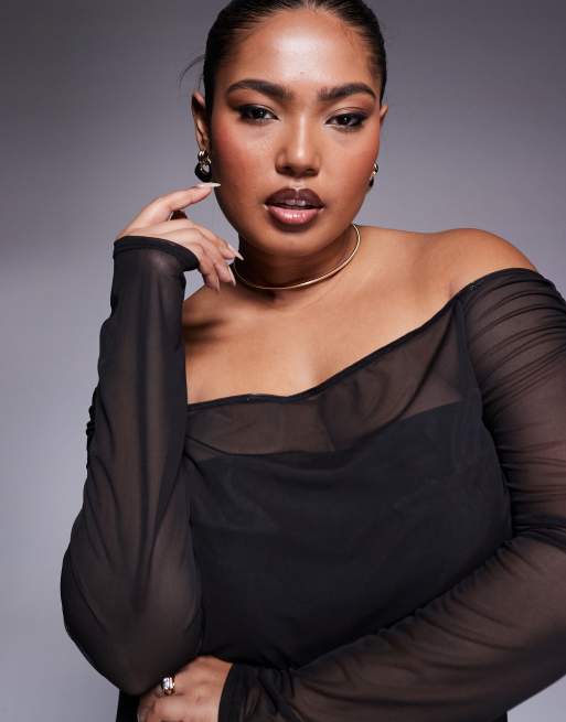 ASOS DESIGN Curve – Svart topp i mesh med bara axlar och rynkade detaljer, 2 av 4