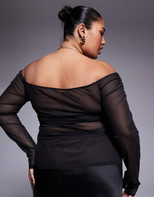 ASOS DESIGN Curve – Svart topp i mesh med bara axlar och rynkade detaljer, 3 av 4
