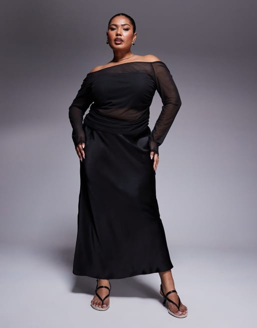 ASOS DESIGN Curve – Svart topp i mesh med bara axlar och rynkade detaljer, 4 av 4