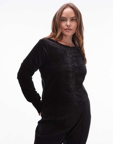 ASOS DESIGN Curve – Svart topp i sammet med knäppning - view 1