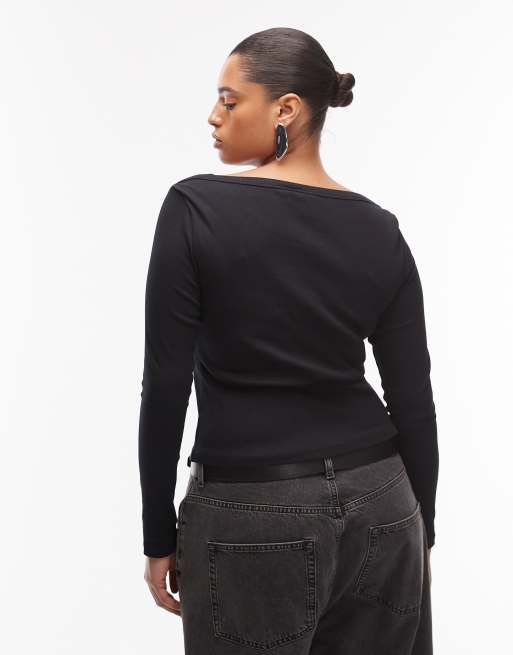 ASOS DESIGN Curve – Svart topp med långa ärmar, båtringning och detaljer, 2 av 4