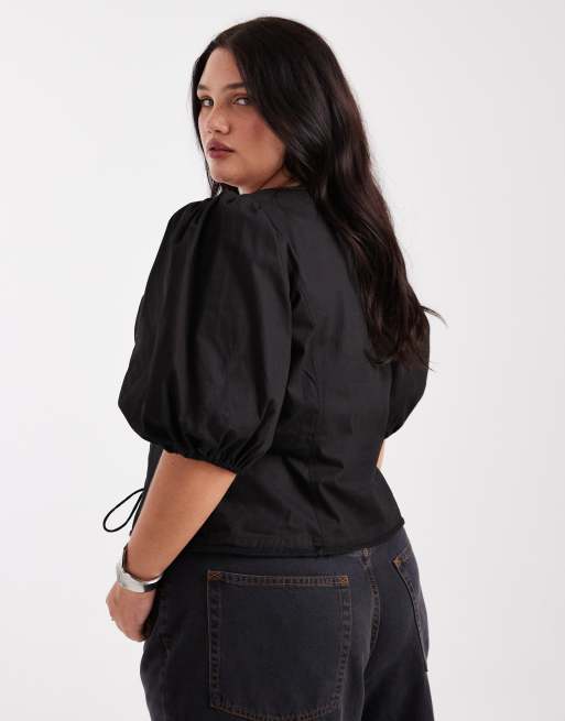 ASOS DESIGN Curve – Svart topp med puffärmar och snörning framtill, 4 av 4