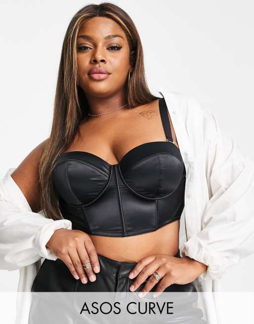 ASOS DESIGN Curve – Svart, vadderad korsett i satin med bygel och avtagbara axelband