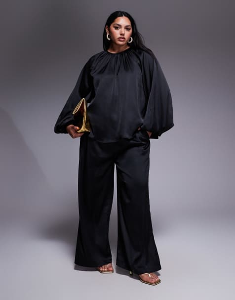 ASOS DESIGN Curve – Svarta byxor i satin med vida ben, del av set - view 1