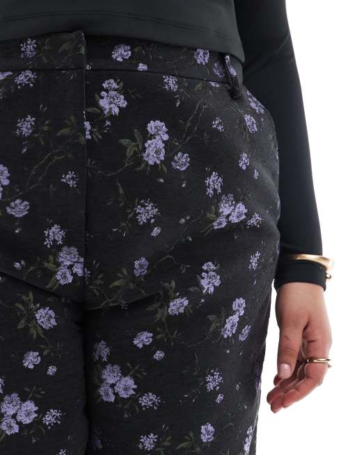 ASOS DESIGN Curve – Svarta, figursydda byxor i blommig jacquard med rundade ben, 5 av 5