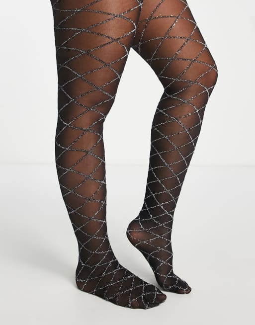 ASOS DESIGN Curve – Svarta och metalliskt silverfärgade, rutiga tights