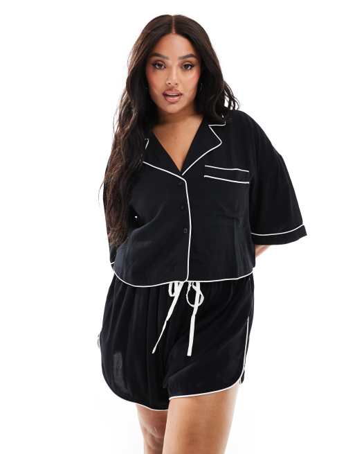 ASOS DESIGN Curve – Svarta pyjamasshorts i minilängd med kontrastfärgade passpoaler