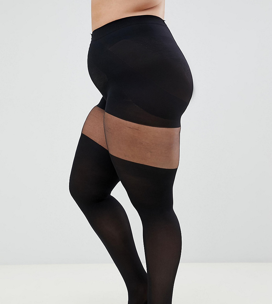 ASOS DESIGN Curve – Svarta tights med imiterade lårhöga strumpor och stöd för mage och rumpa