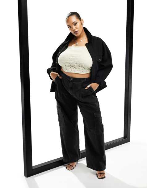 ASOS DESIGN Curve – Svarttvättade cargojeans - view 1