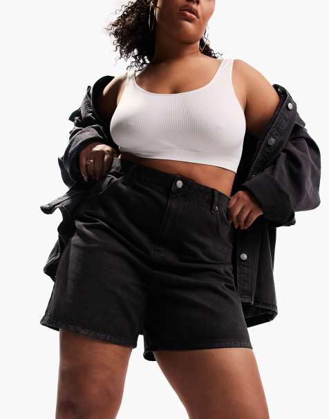 ASOS DESIGN Curve – Svarttvättade jeansshorts i dad-modell - view 1