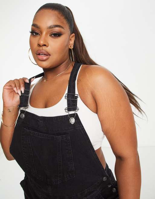 ASOS DESIGN Curve – Svarttvättade klassiska hängselbyxor i denim, 3 av 4