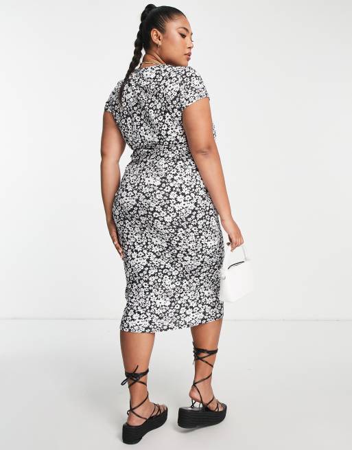 ASOS DESIGN Curve – Svartvit, blommig midi-skjortklänning med korta ärmar, 2 av 4