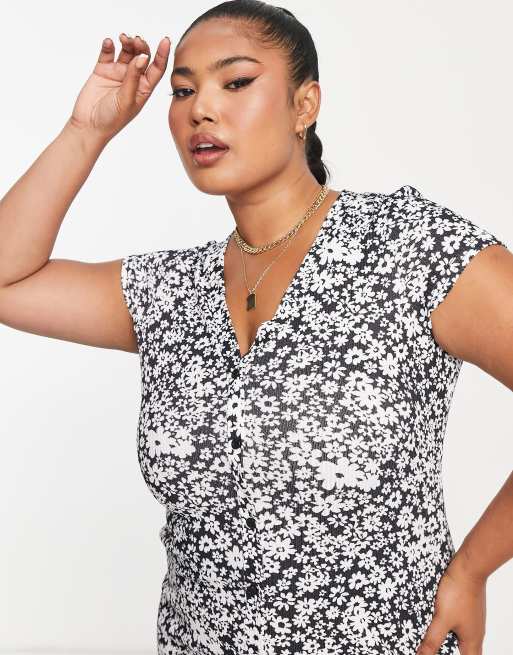 ASOS DESIGN Curve – Svartvit, blommig midi-skjortklänning med korta ärmar, 3 av 4