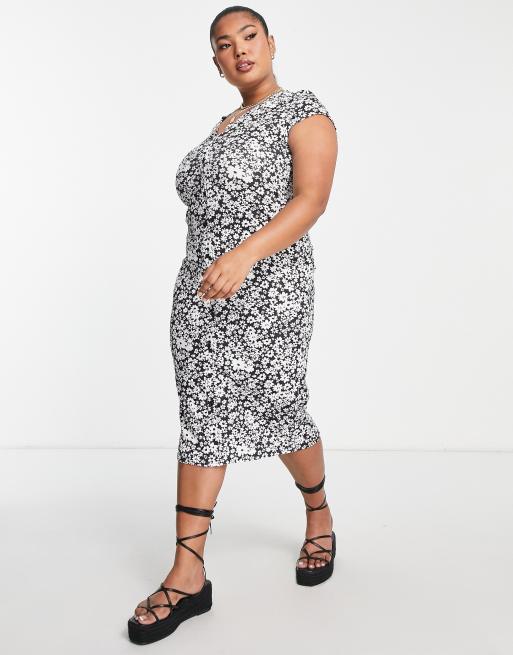 ASOS DESIGN Curve – Svartvit, blommig midi-skjortklänning med korta ärmar, 4 av 4
