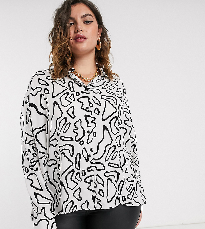 ASOS DESIGN Curve – Svartvit kort skjorta med lång ärm och abstrakt mönster-Flerfärgad